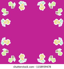 Fruits  motif, pear, half,dotted lines, labels, doodles,spots. Hand drawn.