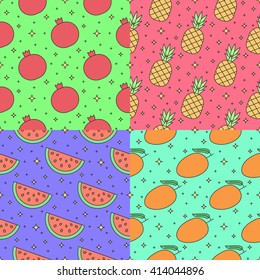 Fruits multicolored outline seamless vector pattern set (garnet, pineapple, watermelon, mango). Modern minimalistic design. Part one.