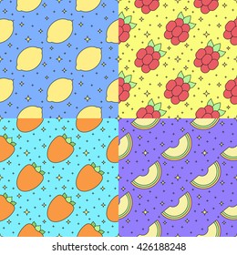 Fruits multicolored outline seamless vector pattern set (lemon, raspberry, persimmon, melon). Modern clean and simple design. Part three.