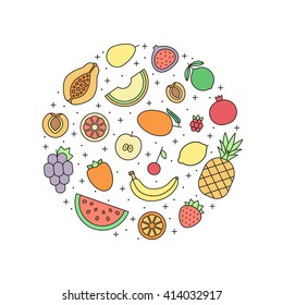 Fruits multicolored outline vector circle illustration. Modern minimalistic design.