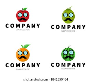Fruits with mustache and glasses, Logo Concept. Apple, Coconut, Orange, Watermelon Vector Design Illustration. Symbol and Icon Vector Template.