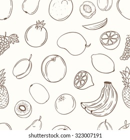 Fruits with name seamless pattern. Useful for restaurant identity, packaging, menu design and interior decorating.