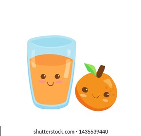 Fruits Natural Juice in a cute glass. Vector kawaii drink illustration in cute cartoon style isolated on white background. Orange fruit smoothie. Cute kids illustration. Menu design concept.