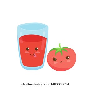 Fruits Natural Juice in smiling funny glass. Vector kawaii drink illustration in cartoon style isolated on white background. Happy Tomato red smoothie. Cute kids illustration. Menu design concept.