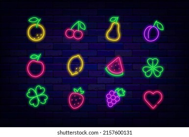 Fruits neon icon collection. Clover luck idea. Fruit shop signboard. Casino signs pack. Gambling concept. Slot machine emblem. Bright logo. Vector stock illustration