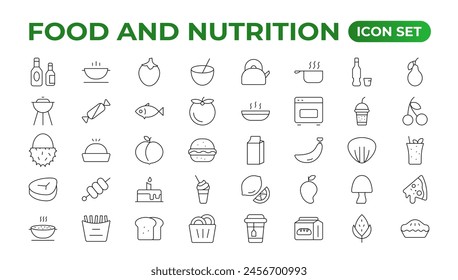 Fruits and Nutrition line icons collection. Big UI icon set in a flat design. Thin outline icons pack. Vector illustration. Fruits and vegetables icons set. Food vector illustration.Outline icon set.