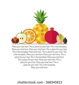 Fruits and nuts vector illustration with place for your text. Modern flat design. Isolated objects. Part two.