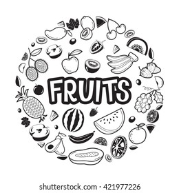 Fruits Objects, Icons, Letters On Circle Frame, Monochrome, Tropical, Healthy Eating, Food, Juice
