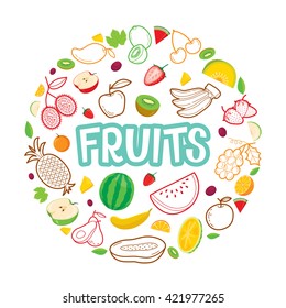 Fruits Objects, Icons, Letters On Circle Frame, Tropical, Healthy Eating, Food, Juice