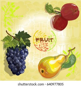 Fruits on the background of the garden, pear, apple, venegrade. Vegetarian food, vitamins. Vector illustration.