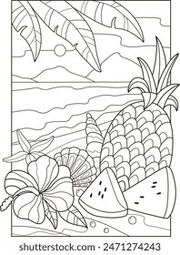 Frutas en la arena de la playa. Dibujo para colorear. Ilustración vectorial. Página de libro para colorear para adulto.