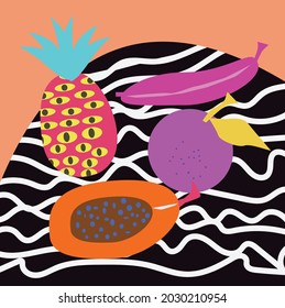 The fruits on the black and white table.