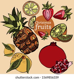 Fruits on the Christmas table, namely pineapple, kiwi, strawberry, lemon, pomegranate, Mandarin.