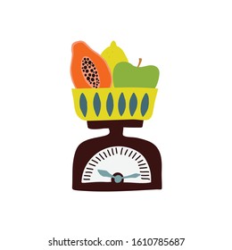 Fruits on the kitchen scale. Hand drawn kitchen print. Vector illustration 