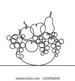 Fruits on a plate. Drawing by a continuous line. Apple, pear, grape, plum in a bowl