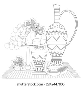 Fruits on a plate and jug with cup for coloring book page. Vector illusrtation