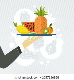 Fruits on a plate - restaurant concept. Healthy diet illustration.