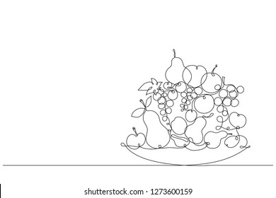 Fruits on a plate. Vector. Fruit platter. Drawing by a continuous line. Apple, pear, grape, plum in a bowl