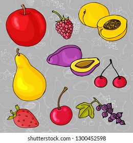Fruits on seamless background. Each object can be moved.
