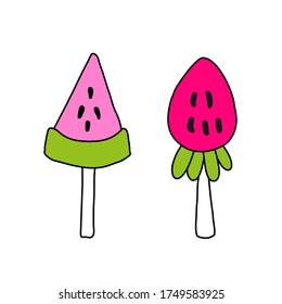 Fruits on a stick, watermelon and strawberries. 