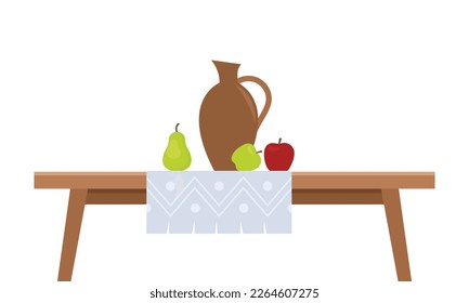 Fruits on the table, apples, pear, wine jug isolated on white. Vector illustration in flat style