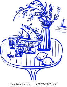 Frutas en la mesa junto al mar. Arte de línea de bodegón de verano mediterráneo