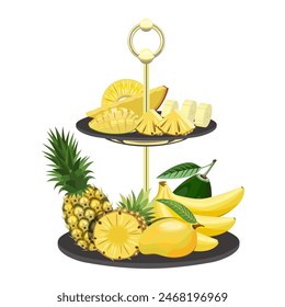Fruits on a two-tier stand, pineapple, mango, bananas, avocado on a white background. Vector composition for restaurant menus, holidays, designs, banners.