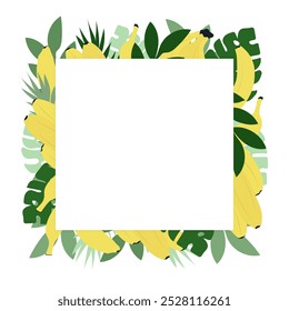 Frutas sobre fondo blanco - marco con plátanos y hojas tropicales. Lindo diseño de verano para diferentes propósitos. Ilustración vectorial.