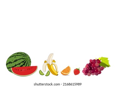 Fruits on white background. Menu template. Watermelon, lime, orange, grape, banana.