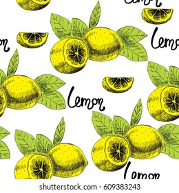 Fruits on a white background. Seamless pattern with lemons.