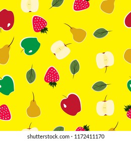 Fruits on yellow background. Seamless pattern vector illustration
