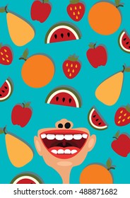 Fruits and open mouth as a healthy diet symbol, funny vector nutrition concept