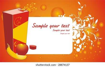 Fruits and opened packing with juice. Background for wrapping. Vector