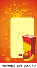 Fruits and opened packing with juice. Wrapping. Vector