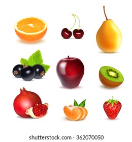 Fruits. Orange, cherry, pear, apple, black currant, kiwi, tangerine, strawberry, pomegranate. Set of icons vector. EPS10 vector