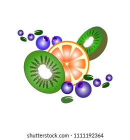 
Fruits orange kiwi blueberries on a white background abstraction prints vector