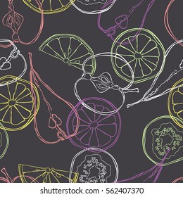 Fruits: orange, lemon, apple, pear, kiwi. Fruit slices. Seamless vector pattern (background). Color print.