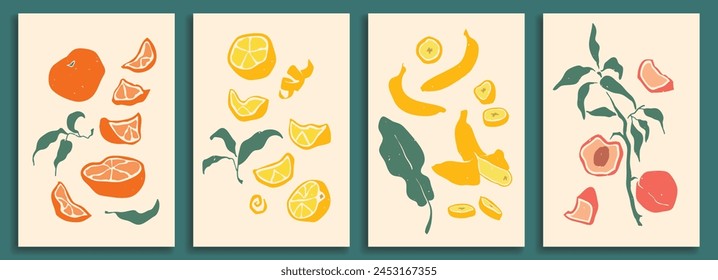 Fruits orange, lemon, banana, peach hand drawn. Abstract elements, fruits and berries vegetarian set of isolated icons