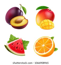 Fruits orange, plum, watermelon and mango set vector illustrations