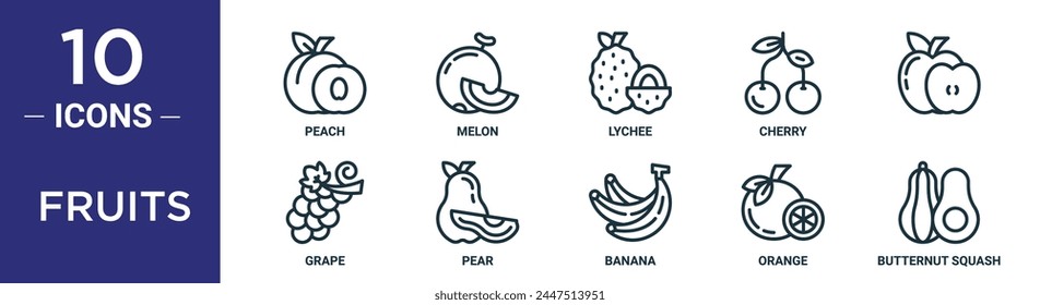 fruits outline icon set includes thin line peach, melon, lychee, cherry,  , grape, pear icons for report, presentation, diagram, web design