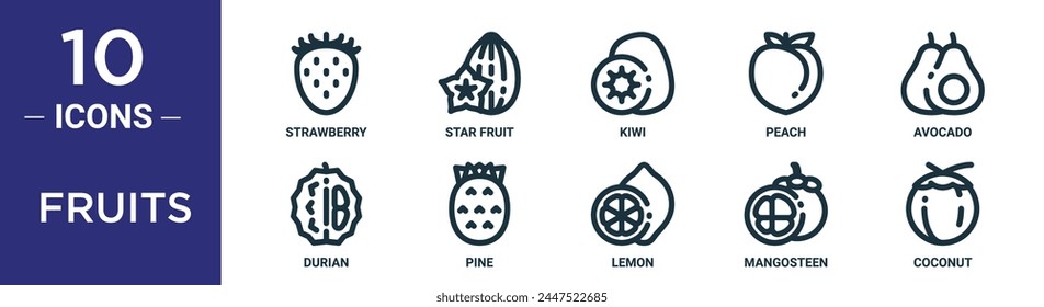 fruits outline icon set includes thin line strawberry, star fruit, kiwi, peach, avocado, durian, pine icons for report, presentation, diagram, web design