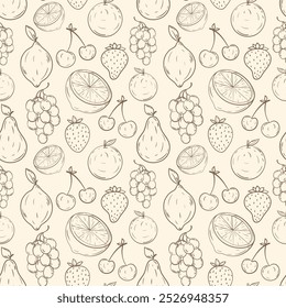 Patrón de contorno de frutas. Doodle dibujar a mano frutas sin patrón. Patrón de comida saludable orgánica en estilo de línea delgada