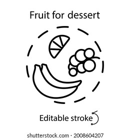 Fruits outline round concept icon. Orange, grape and banana. Kids menu concept. Healthy eating. Customizable linear contour symbol. Editable stroke. Isolated vector stock illustration