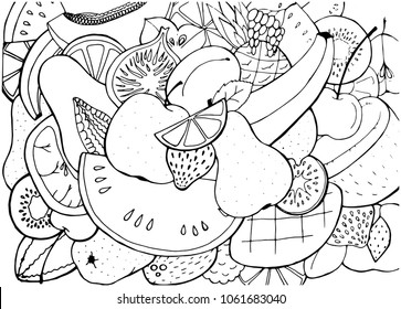 The fruits painted on a white background. Page for coloring.