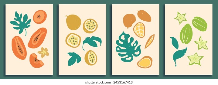 Fruits papaya, mango, passion fruit, carom hand drawn. Abstract elements, fruits and berries vegetarian set of isolated icons