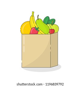 Fruits in paper bag vector illustration. Colorful linear flat design. Banana, pear, strawberry, cherries, apple, orange and greens. Eco vegan concept. EPS 10