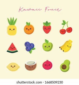 Fruits party, vector cartoon  flat banana, orange, strawberry, pineapple, avocado, watermelon, lemon. Kawaii Fruit.