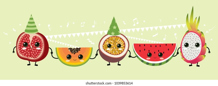 Fruits party. Vector illustration with cute  characters.  Papaya, pomegranate, passion fruit, watermelon,  dragon fruit. Summer. Tropical vibes.