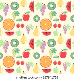 Fruits pastel seamless pattern. Vintage background. Orange, apple, pear, watermelon, grapes, kiwi, cherry. 