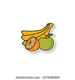 Fruits patch. Banana, orange and apple. Still life. Color sticker. Vector isolated illustration